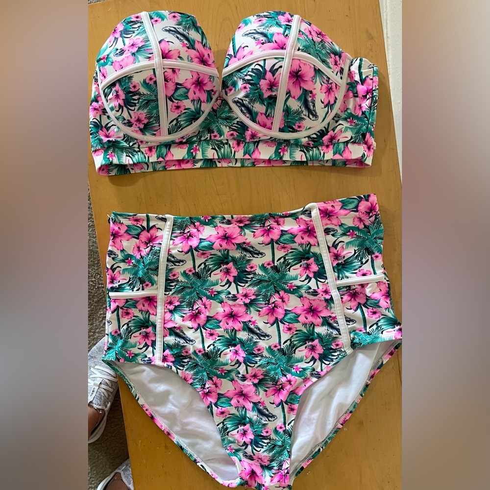Floral Bikini Set with Pink and Green Design